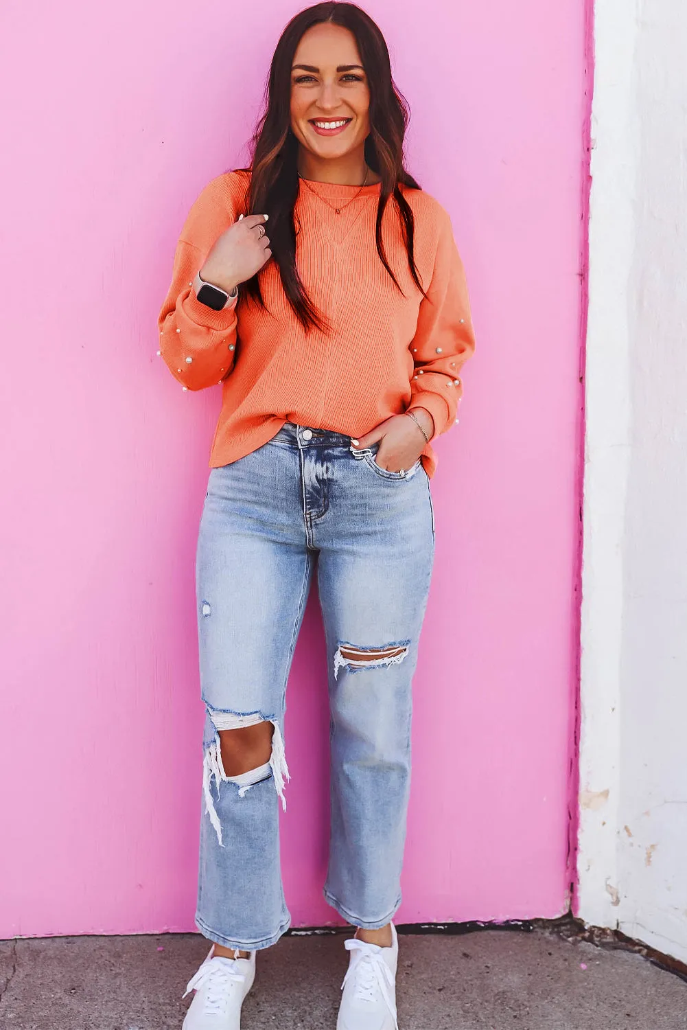 Blossom Pearled Sleeves Drop Shoulder Round Neck Pullover Sweatshirt