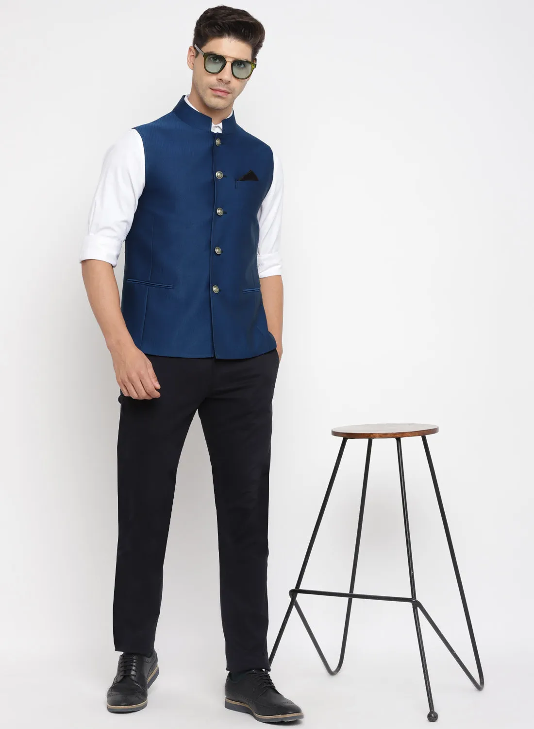 Blue Textured Nehru Jacket