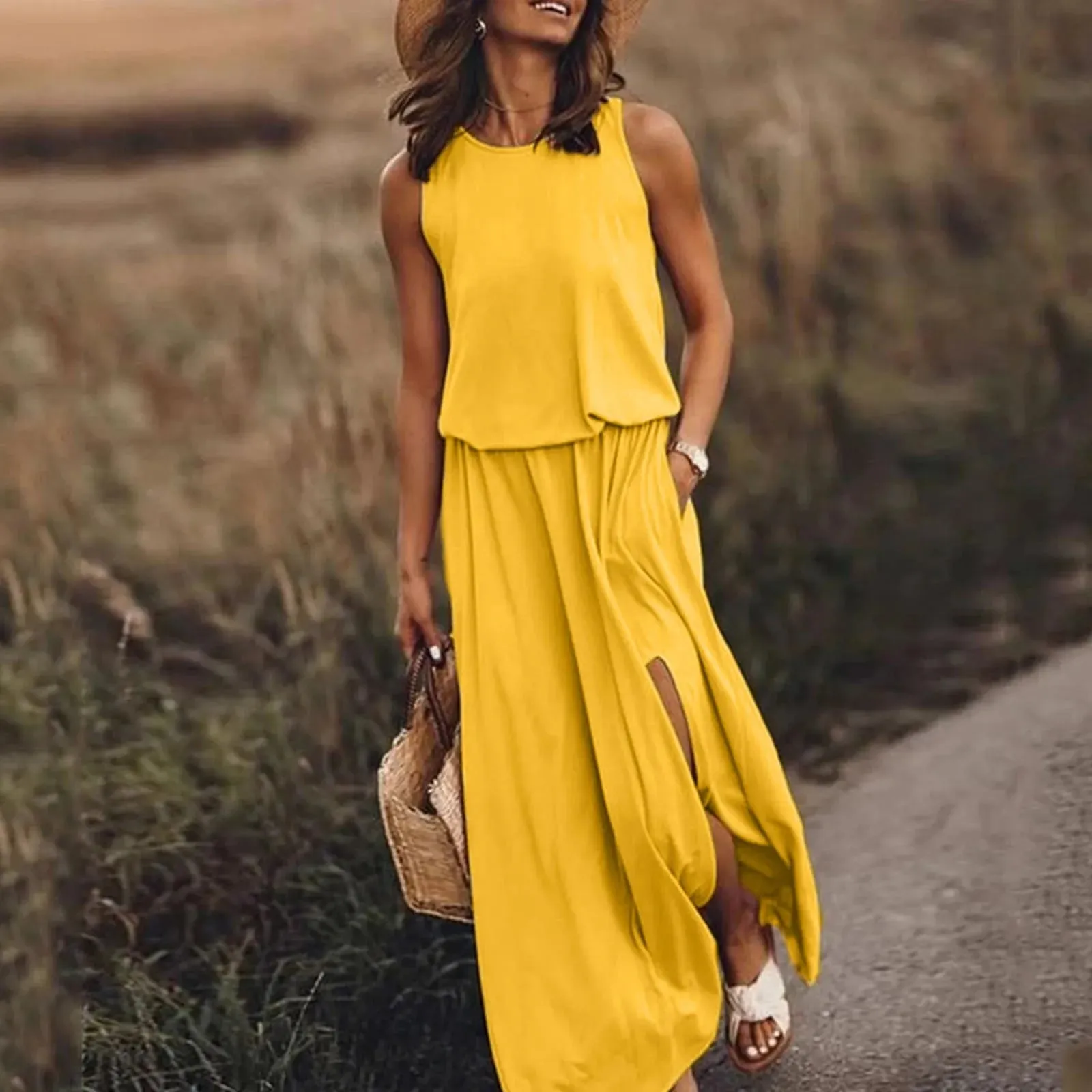 Bohemian Sleeveless Side Slit Maxi Dress