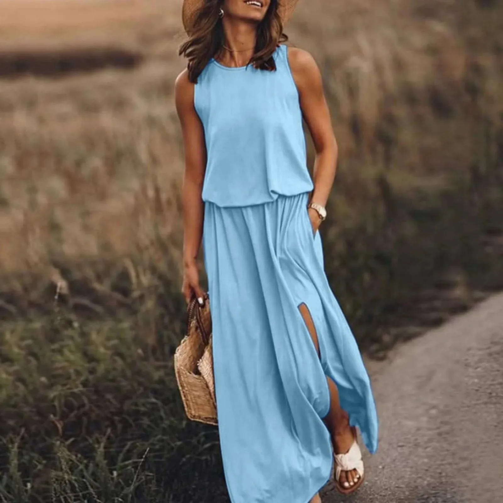 Bohemian Sleeveless Side Slit Maxi Dress