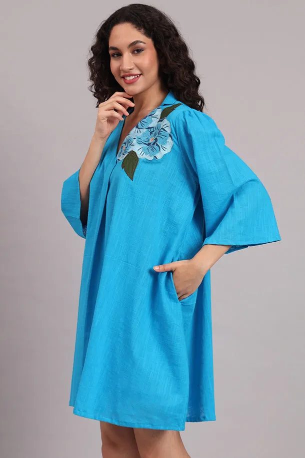 Breezy Bloom Embroidered Cotton Dress – Blue