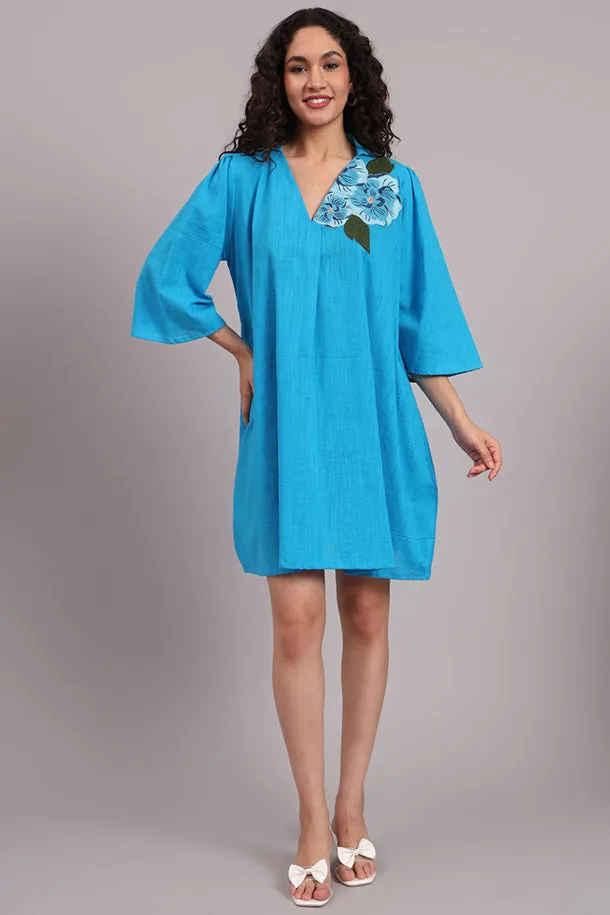 Breezy Bloom Embroidered Cotton Dress – Blue