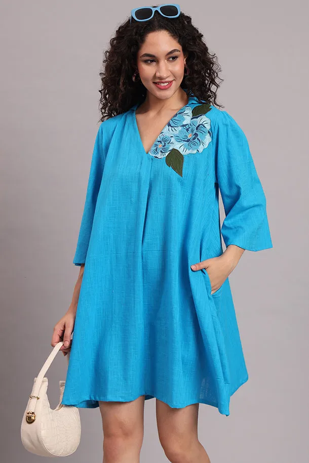 Breezy Bloom Embroidered Cotton Dress – Blue