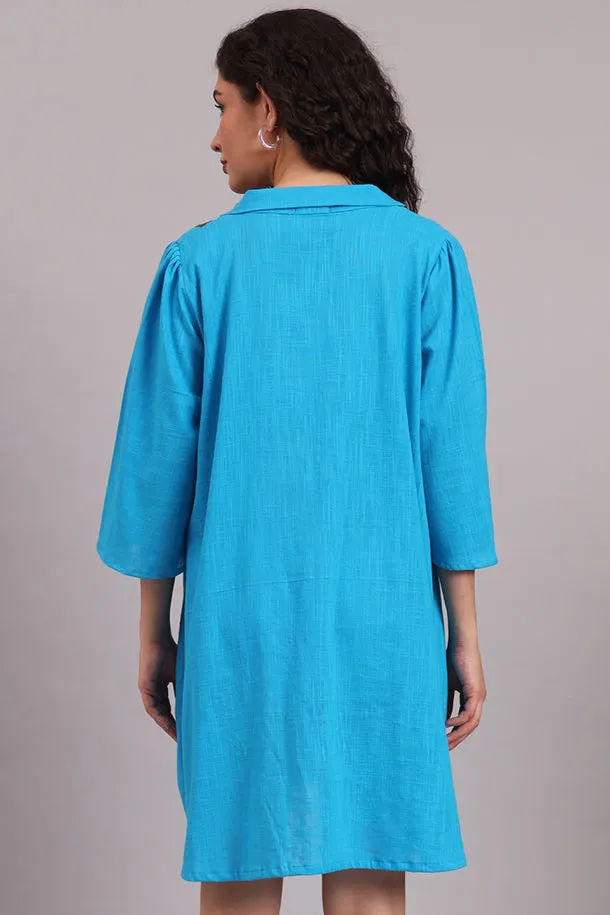 Breezy Bloom Embroidered Cotton Dress – Blue