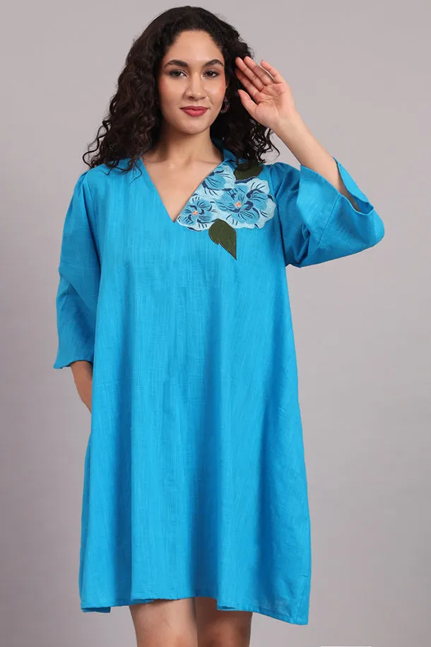 Breezy Bloom Embroidered Cotton Dress – Blue