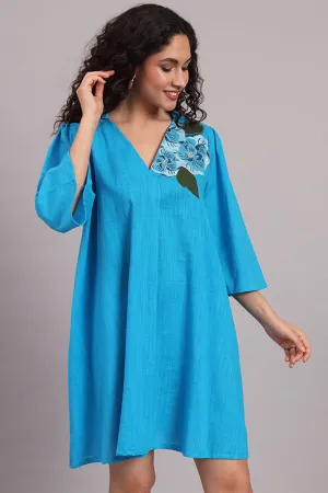 Breezy Bloom Embroidered Cotton Dress – Blue