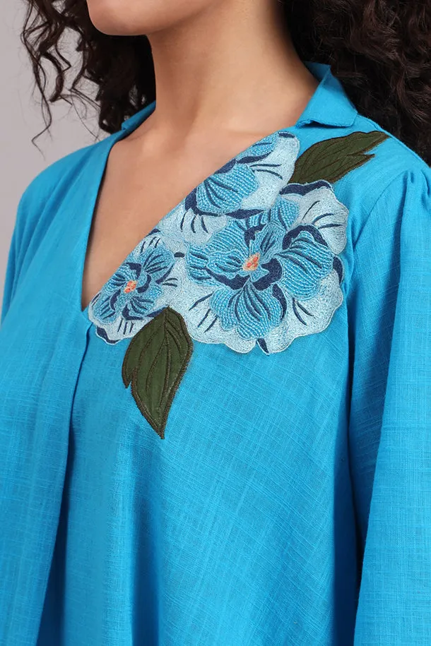 Breezy Bloom Embroidered Cotton Dress – Blue