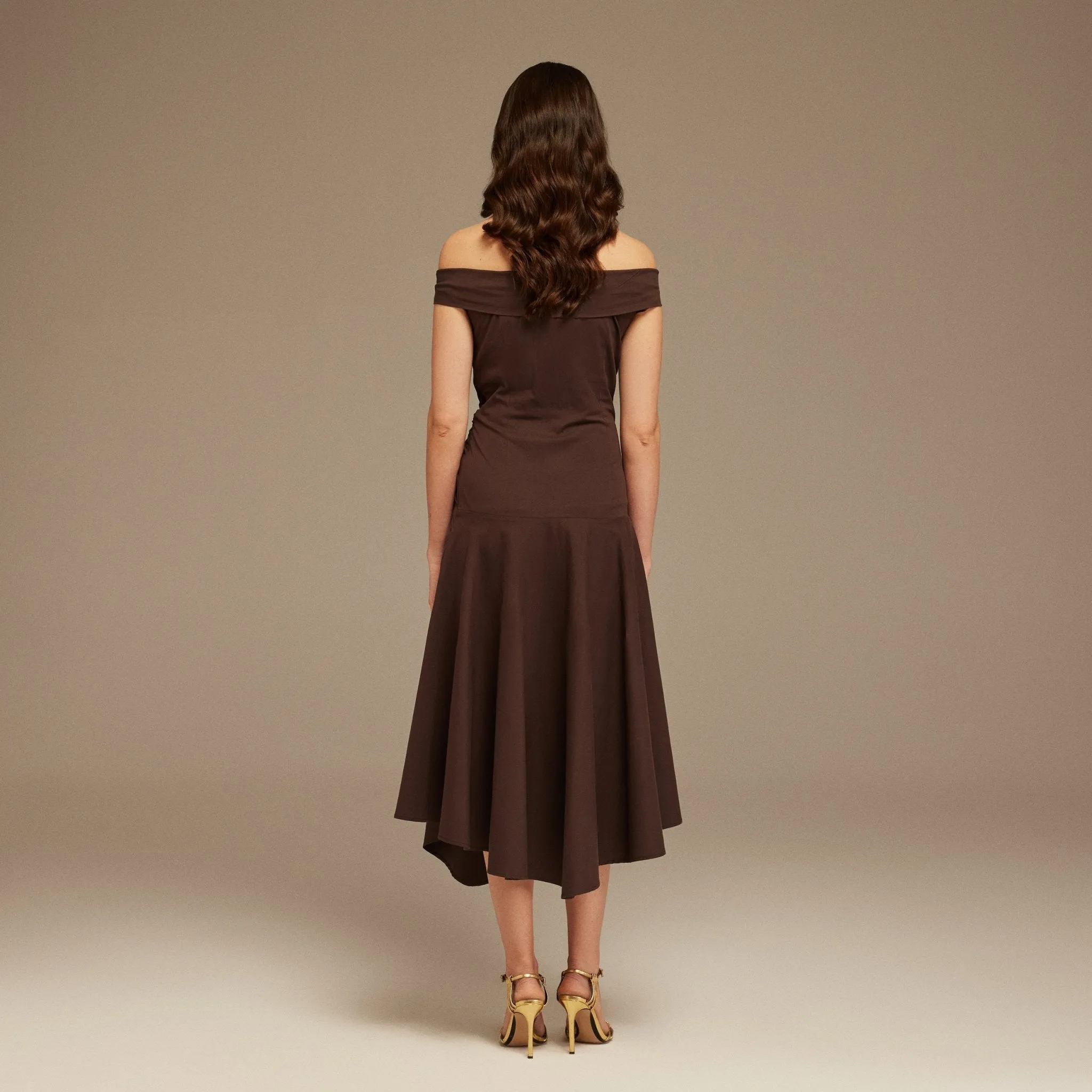 Brown Off-Shoulder Cotton Ruched Midi Dress