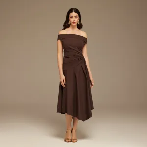 Brown Off-Shoulder Cotton Ruched Midi Dress
