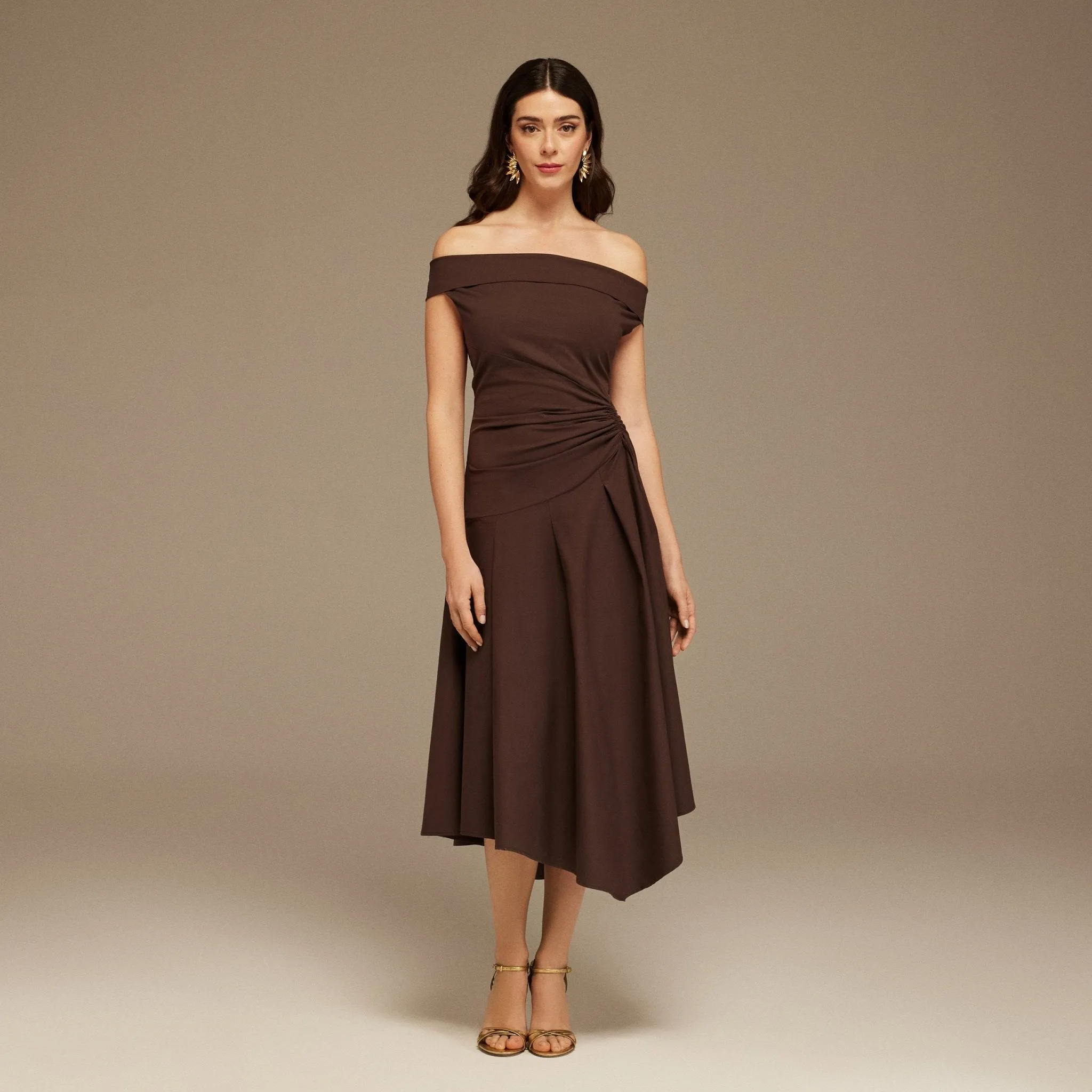 Brown Off-Shoulder Cotton Ruched Midi Dress