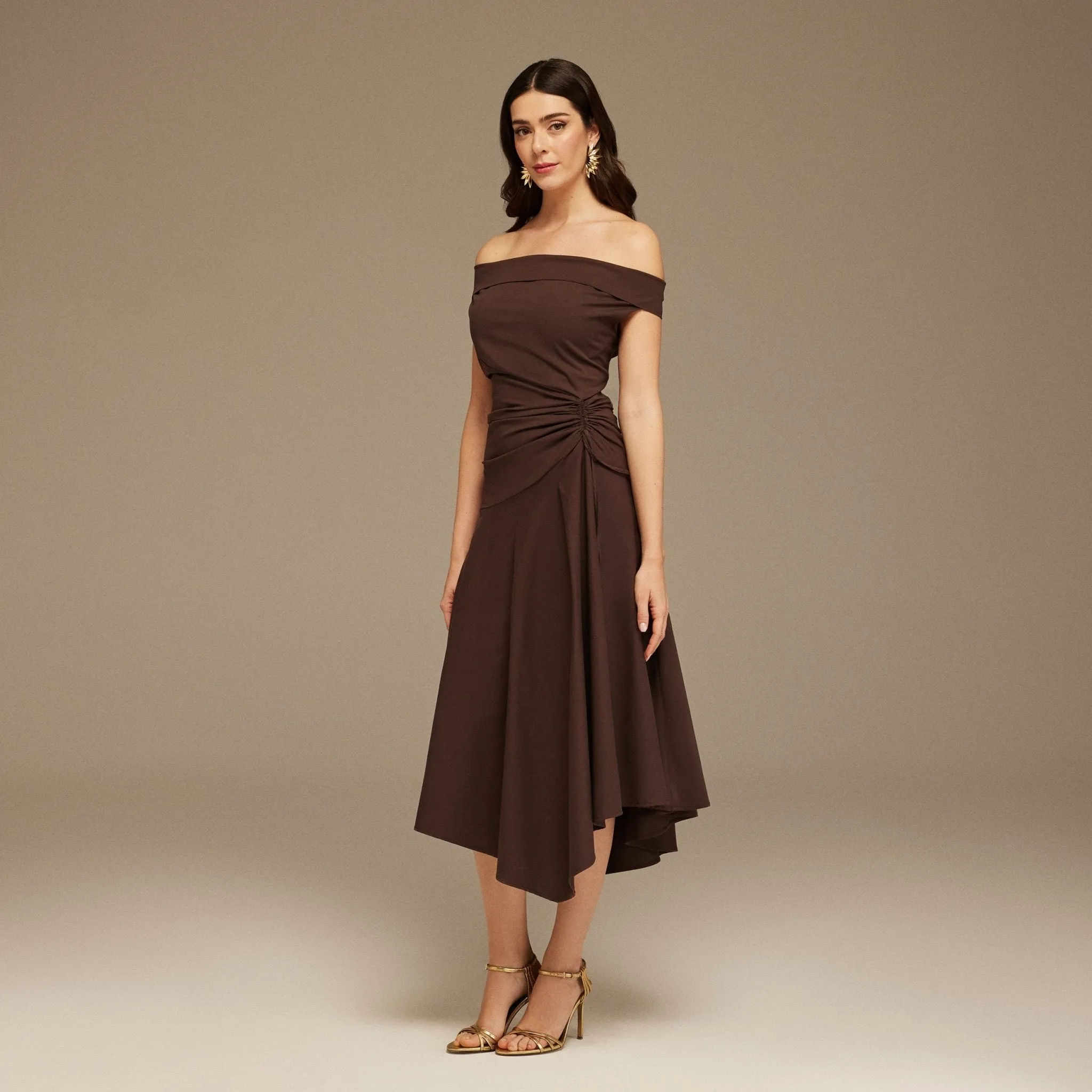 Brown Off-Shoulder Cotton Ruched Midi Dress