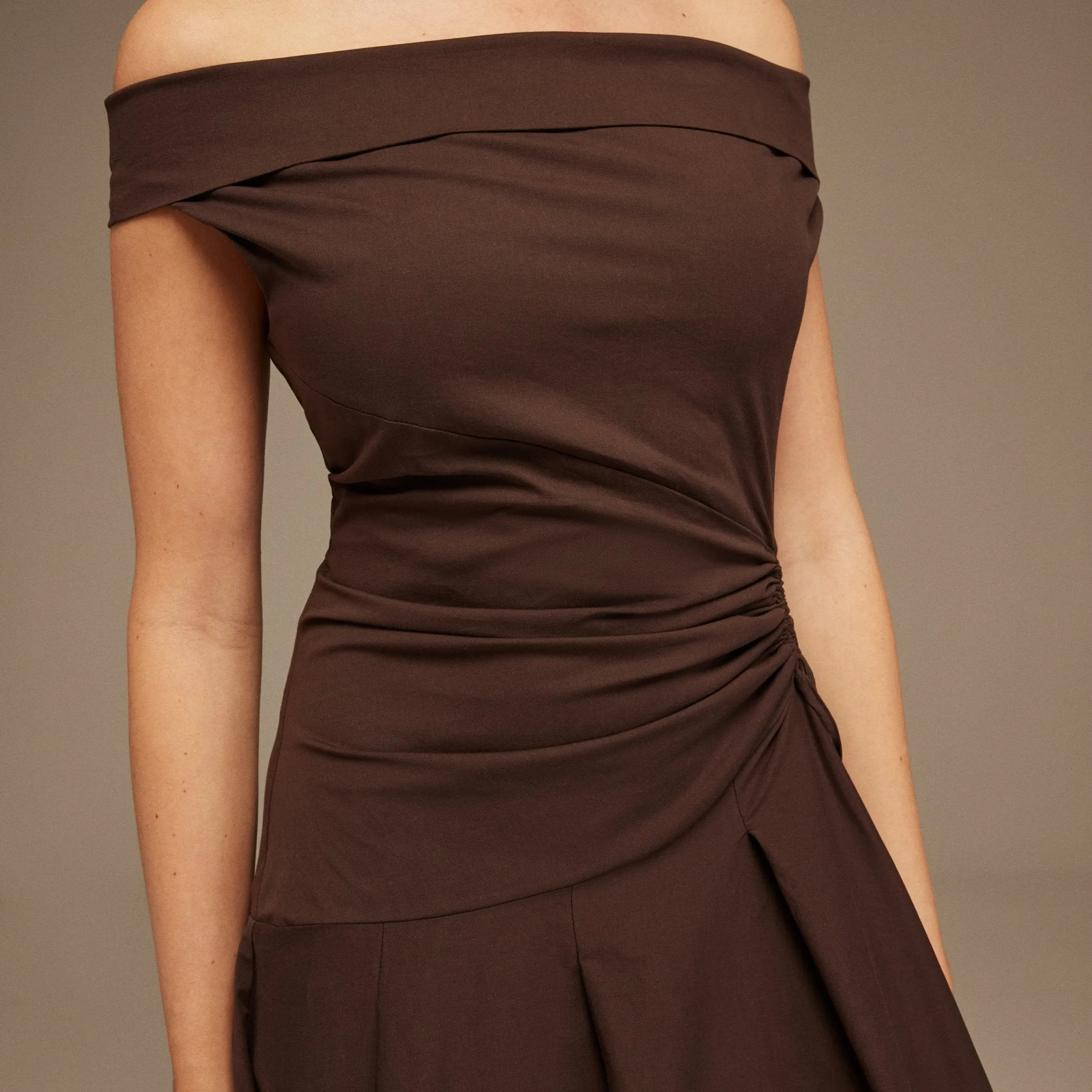 Brown Off-Shoulder Cotton Ruched Midi Dress