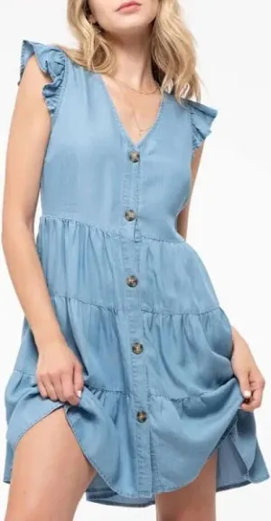 CHAMBRAY BUTTON DOWN DRESS WITH RUFFLE SLEEVES