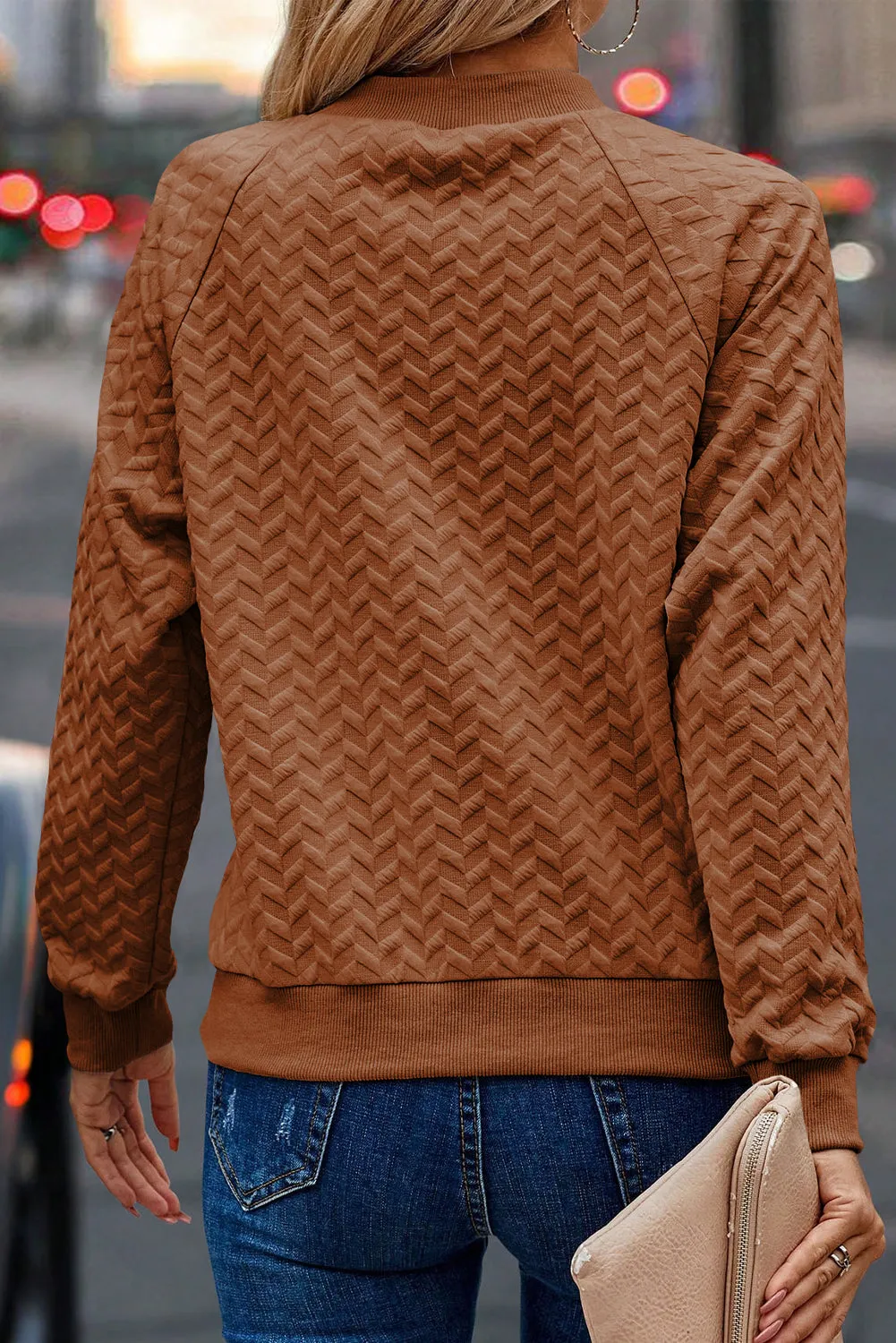 Chestnut Solid Textured Raglan Sleeve Pullover Sweatshirt