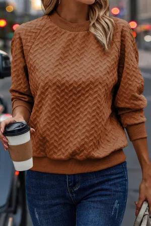 Chestnut Solid Textured Raglan Sleeve Pullover Sweatshirt