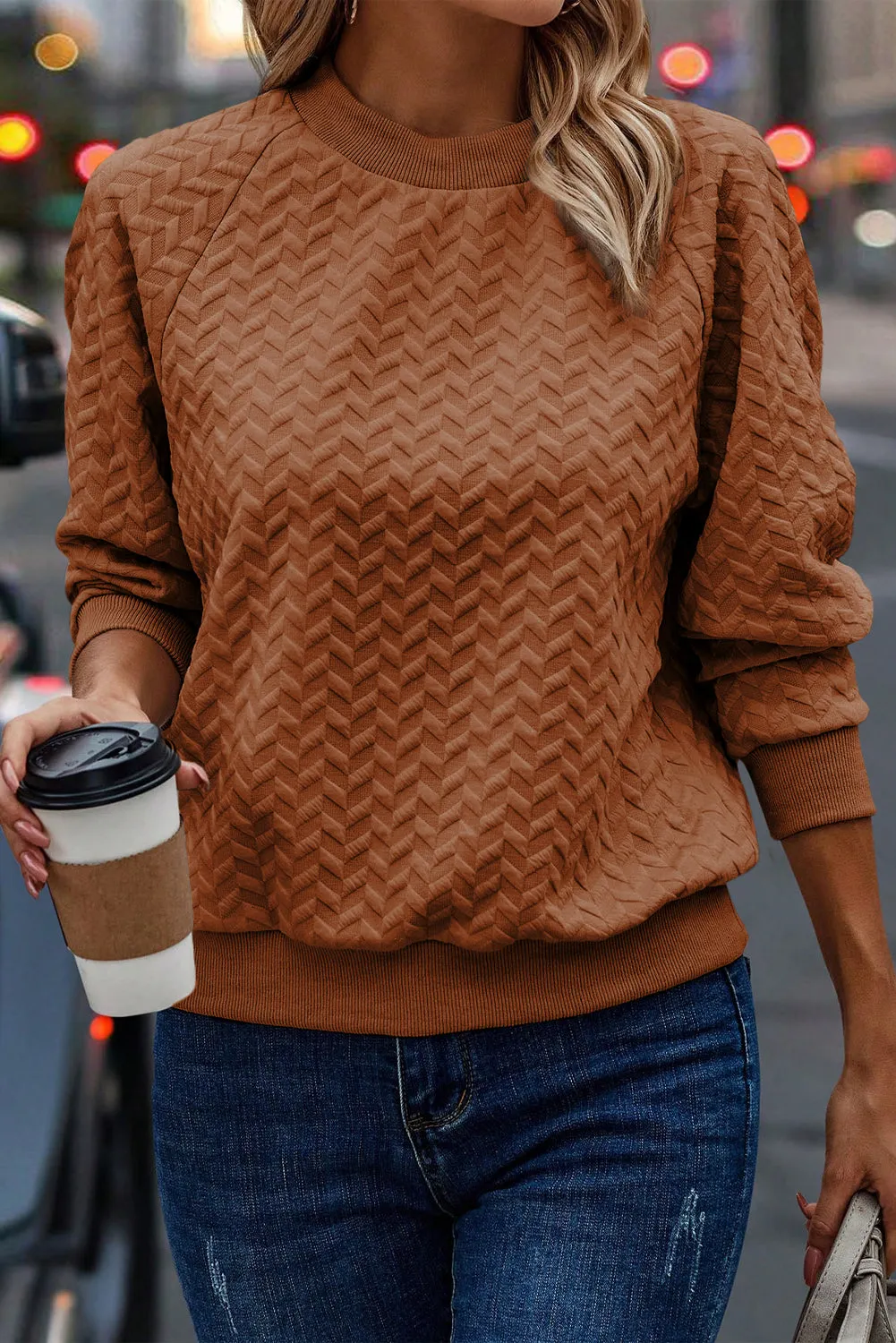 Chestnut Solid Textured Raglan Sleeve Pullover Sweatshirt