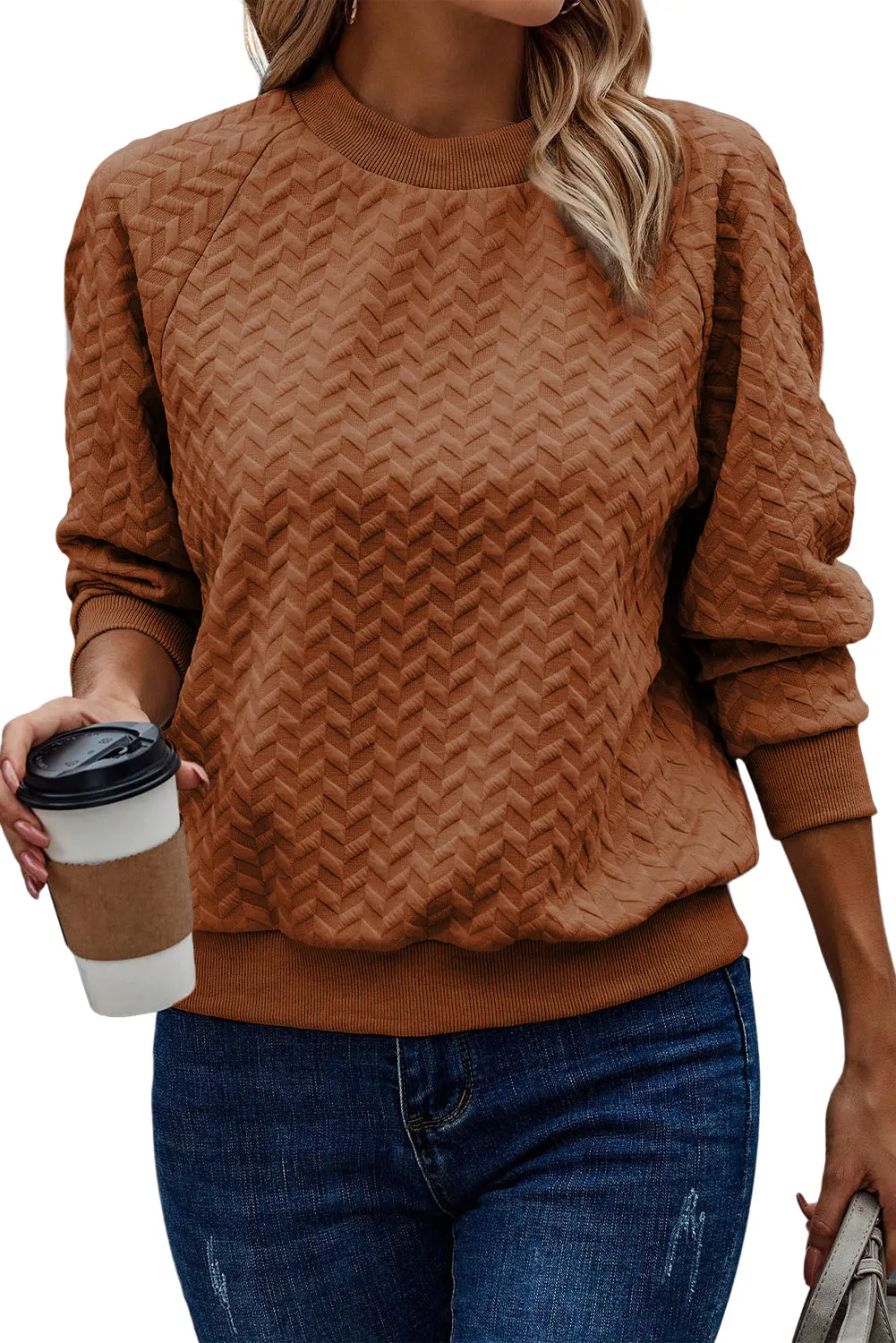 Chestnut Solid Textured Raglan Sleeve Pullover Sweatshirt