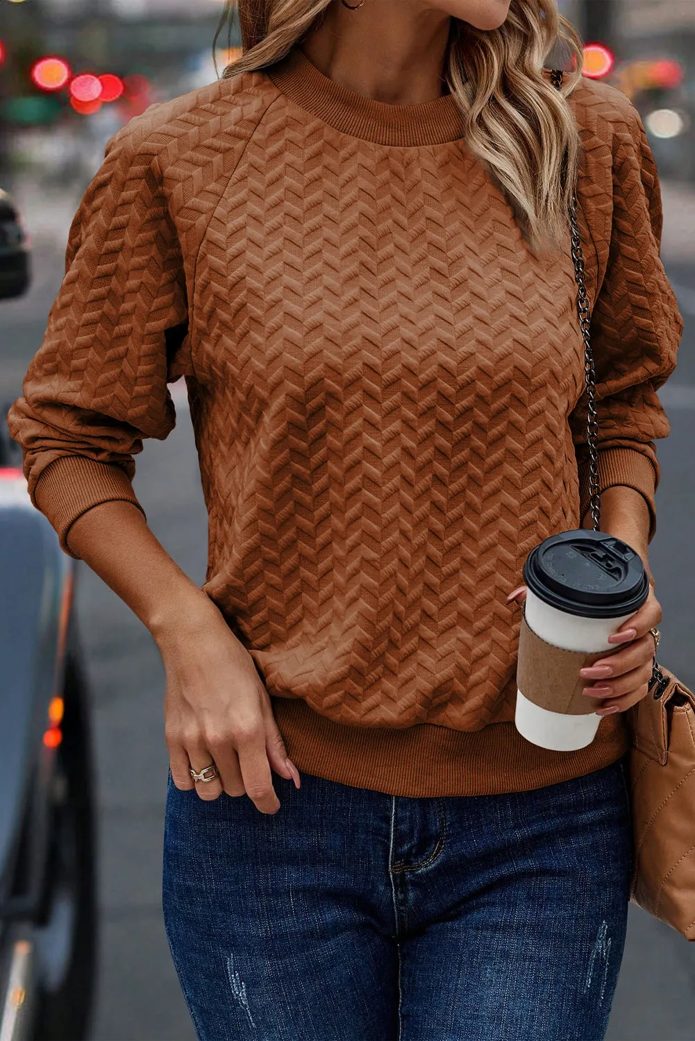 Chestnut Solid Textured Raglan Sleeve Pullover Sweatshirt
