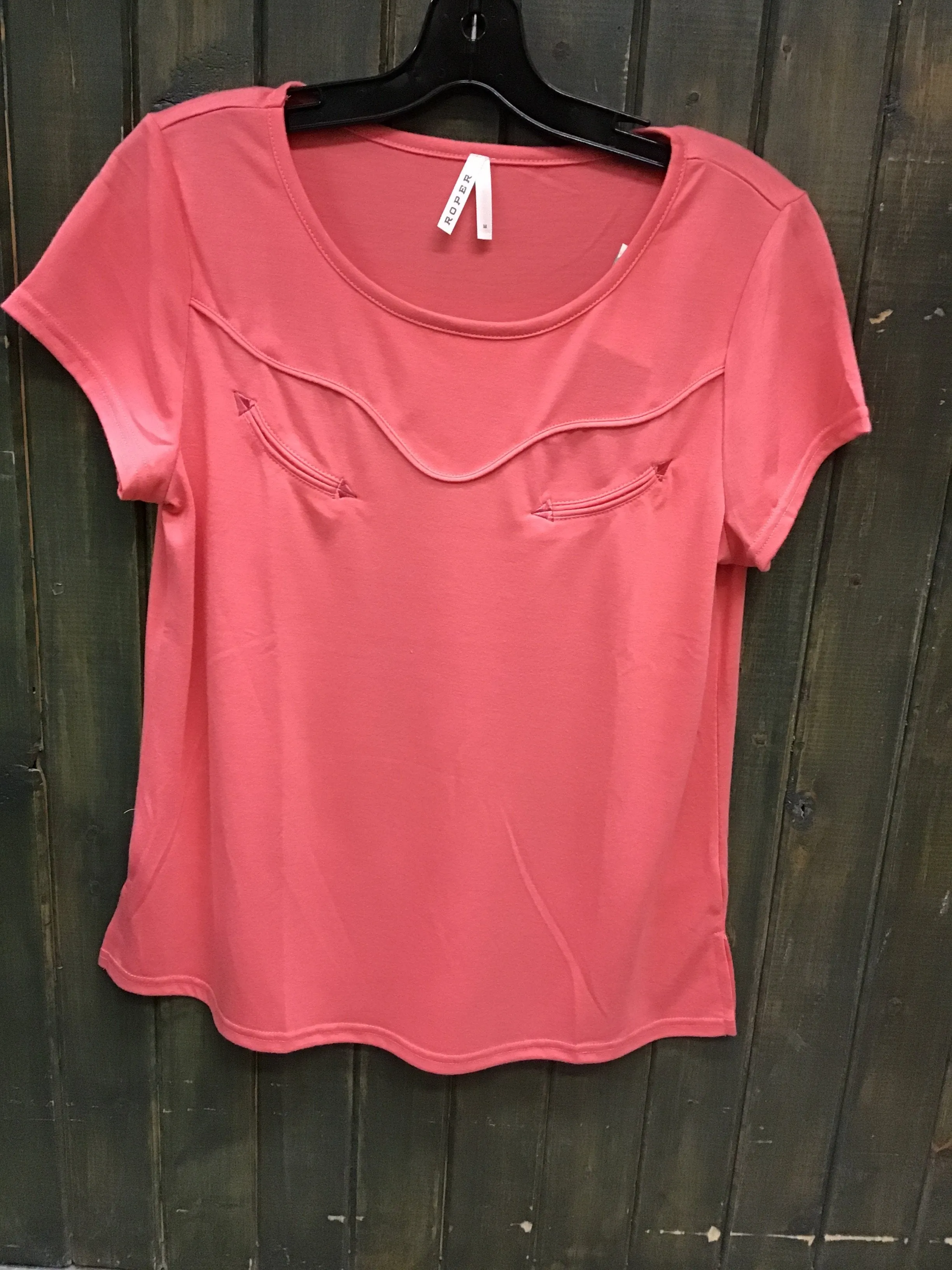 CL03-039-0513-2069-L-Corral T Shirt Ladies Roper Poly Rayon Scalloped Front Pocket