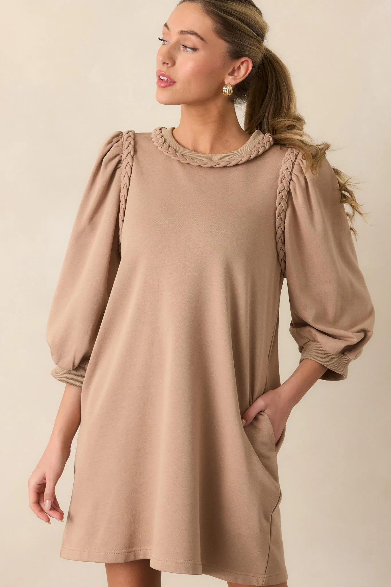 Cocoa Haze Cotton Tan Long Sleeve Mini Dress