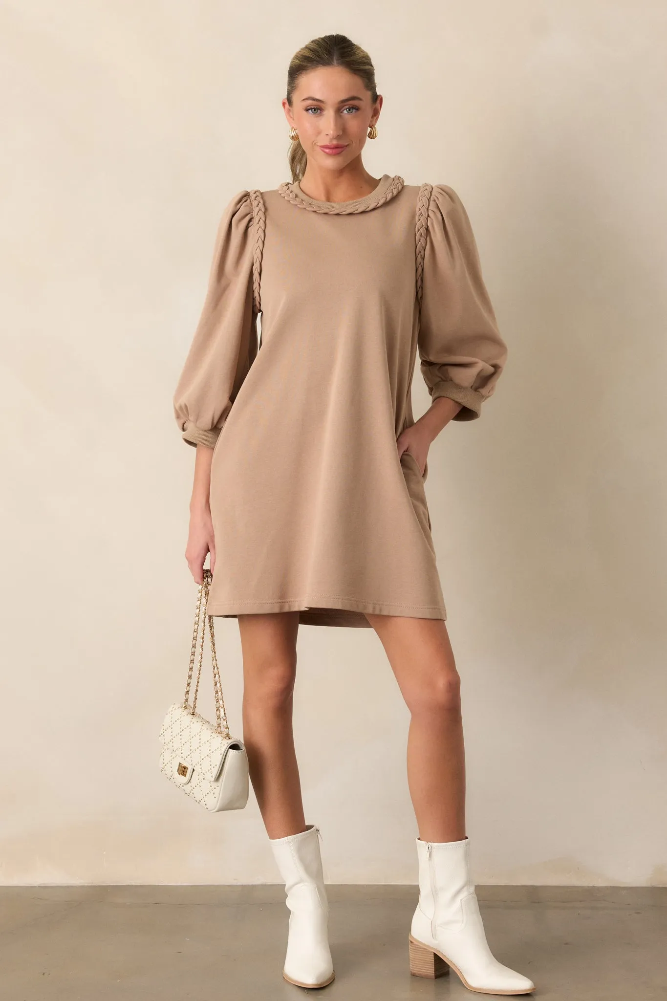 Cocoa Haze Cotton Tan Long Sleeve Mini Dress