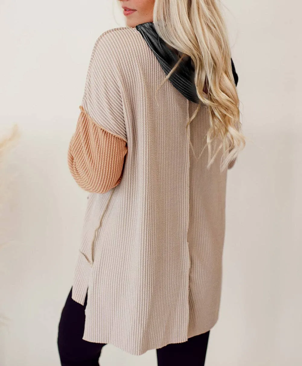Color Block High Low Textured Hoodie