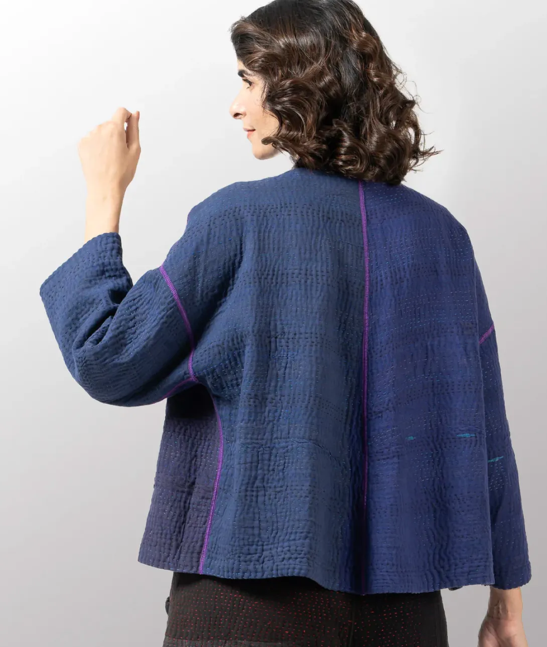 Cotton Silk SW Patch Kantha Stand Collar Cropped Jacket