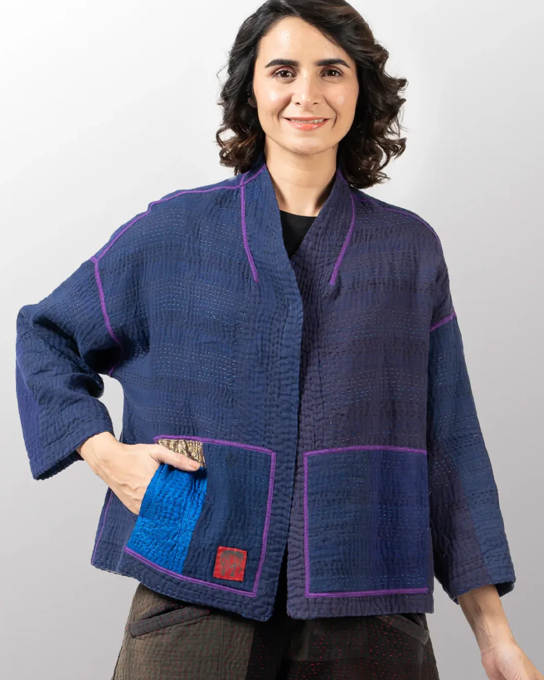 Cotton Silk SW Patch Kantha Stand Collar Cropped Jacket