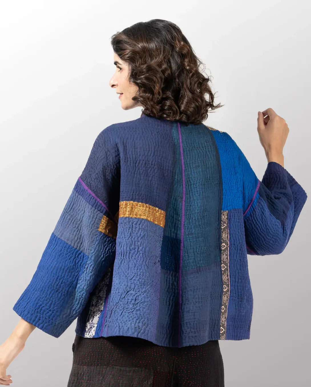 Cotton Silk SW Patch Kantha Stand Collar Cropped Jacket