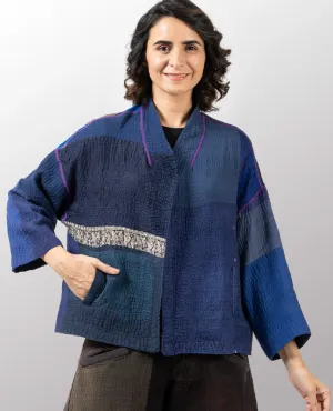 Cotton Silk SW Patch Kantha Stand Collar Cropped Jacket