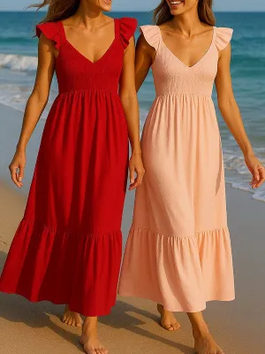 Cotton Smocked High Waist Ruffle Maxi Dress