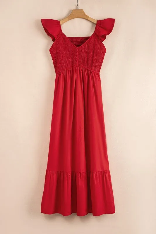 Cotton Smocked High Waist Ruffle Maxi Dress