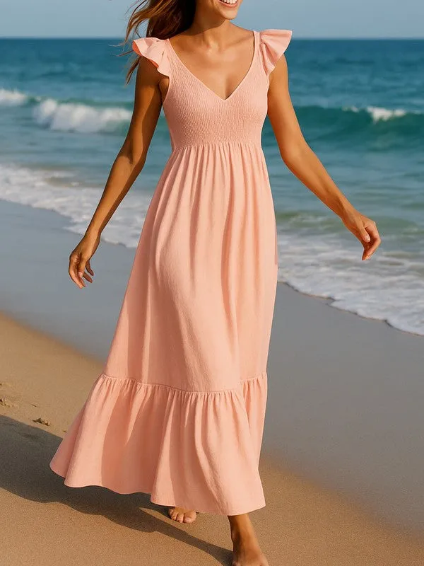 Cotton Smocked High Waist Ruffle Maxi Dress