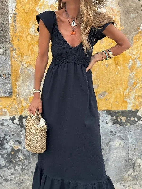 Cotton Smocked High Waist Ruffle Maxi Dress