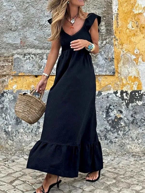 Cotton Smocked High Waist Ruffle Maxi Dress