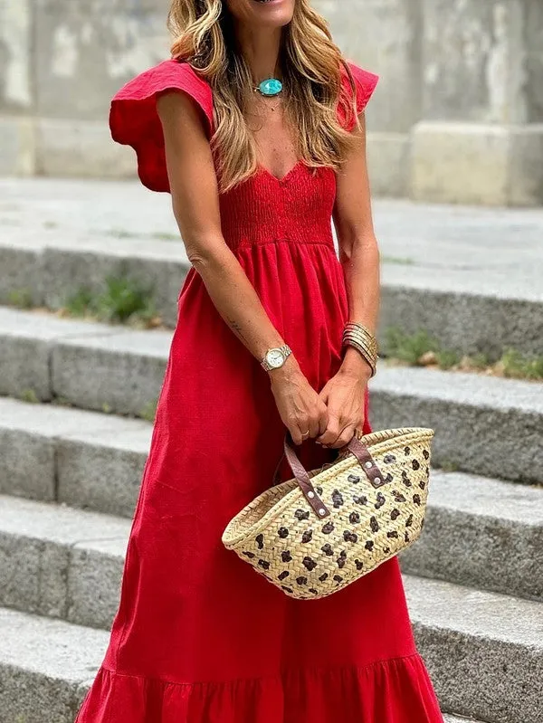 Cotton Smocked High Waist Ruffle Maxi Dress