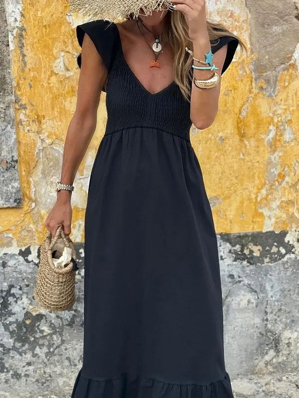 Cotton Smocked High Waist Ruffle Maxi Dress