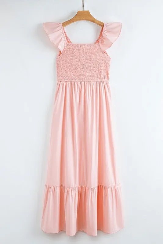 Cotton Smocked High Waist Ruffle Maxi Dress