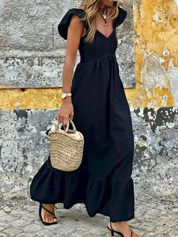 Cotton Smocked High Waist Ruffle Maxi Dress