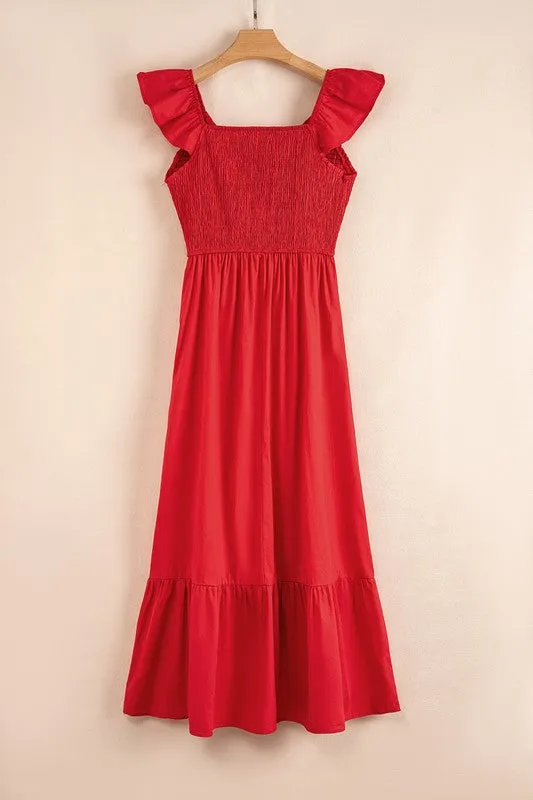 Cotton Smocked High Waist Ruffle Maxi Dress