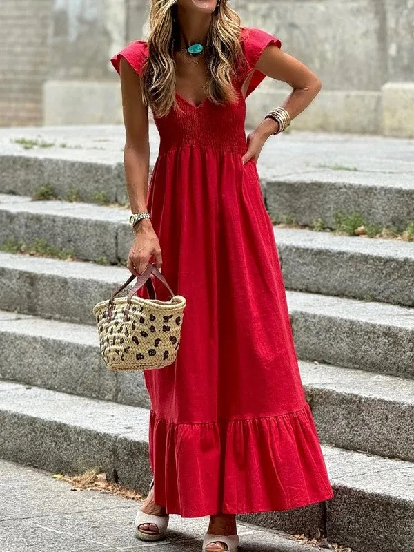 Cotton Smocked High Waist Ruffle Maxi Dress