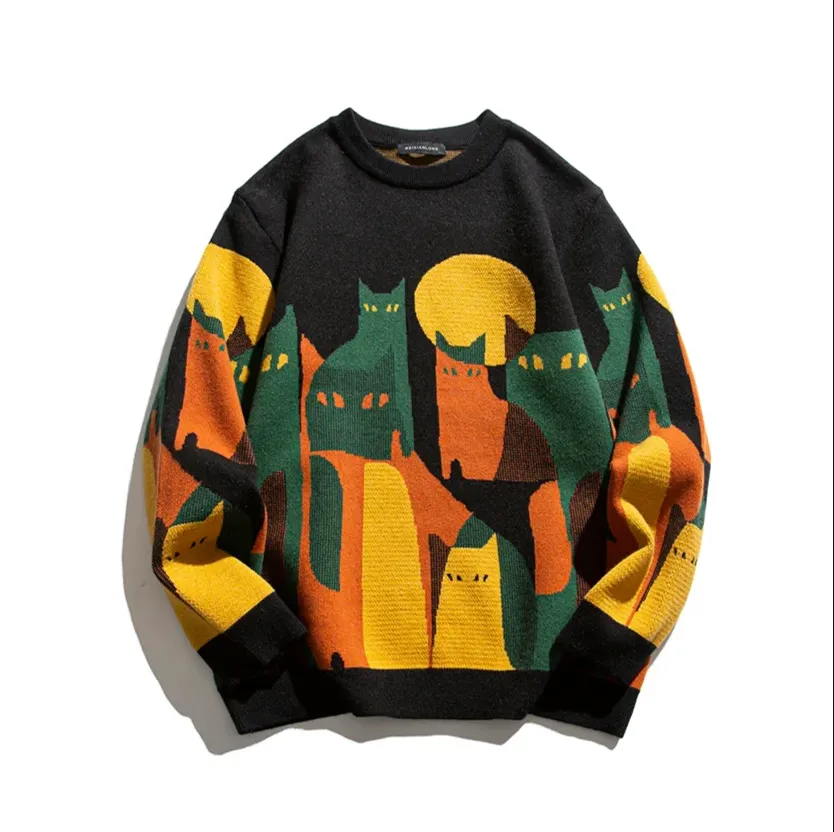 Cozy, warm women's knit sweater featuring a cat design