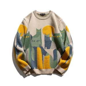 Cozy, warm women's knit sweater featuring a cat design