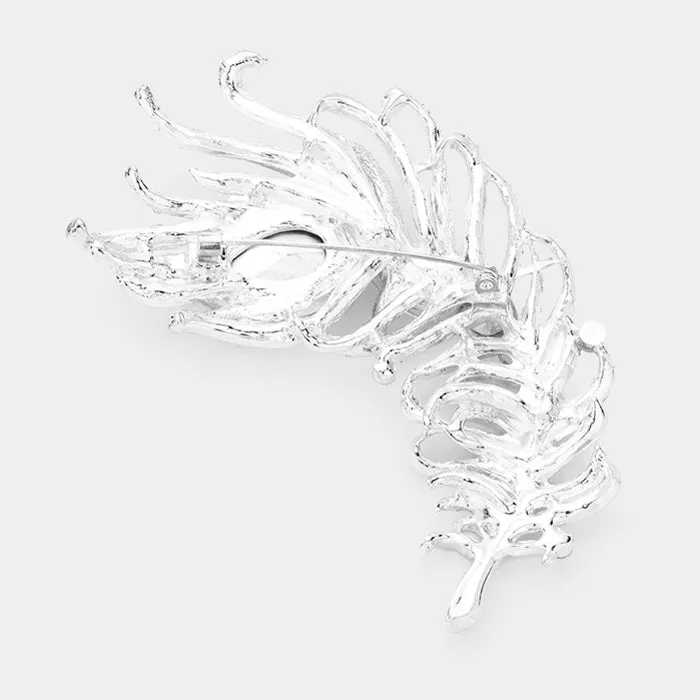 Curved Feather Abalone Crystal Teardrop Brooch