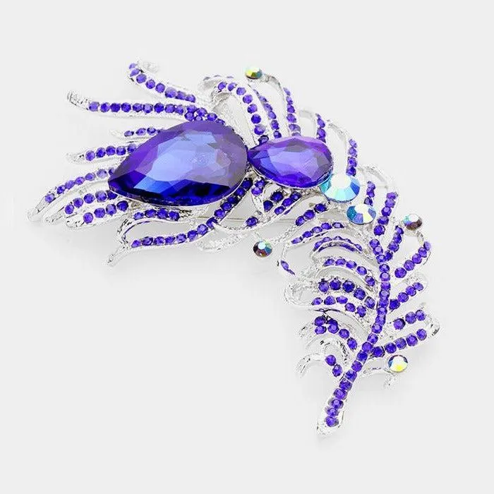 Curved Feather Blue Crystal Teardrop Brooch