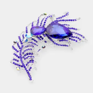 Curved Feather Blue Crystal Teardrop Brooch