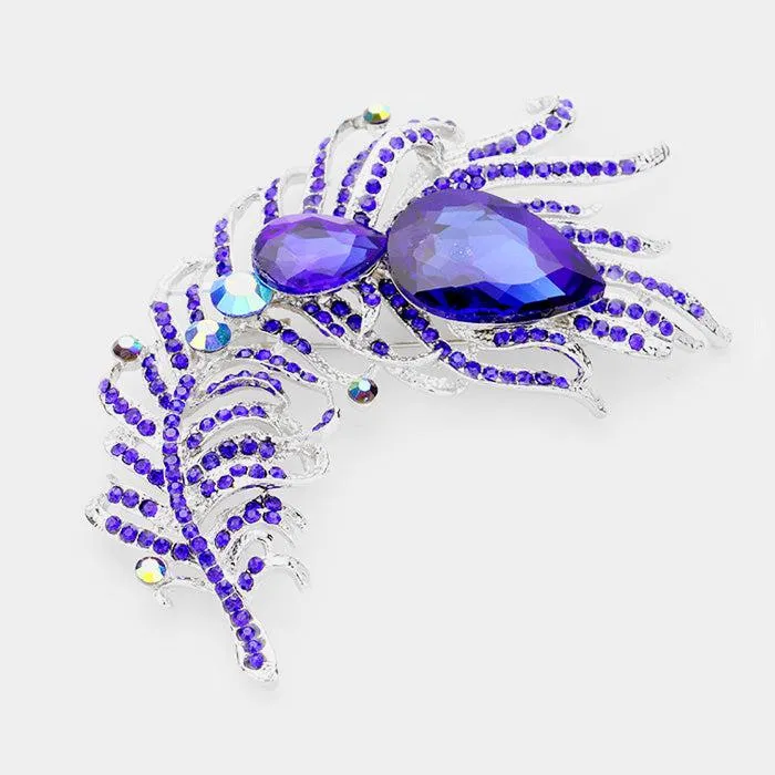 Curved Feather Blue Crystal Teardrop Brooch