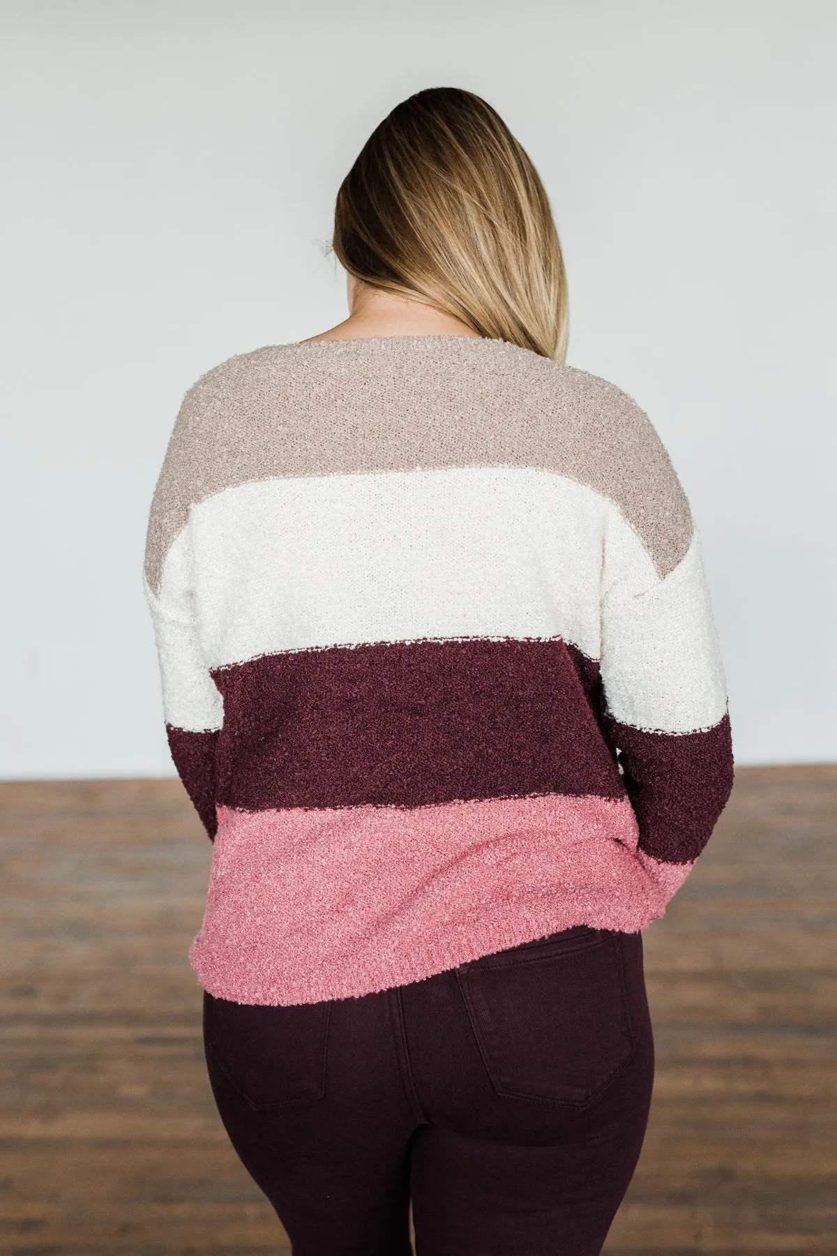 Dear To My Heart Color Block Sweater- Taupe, Ivory, Burgundy, Mauve