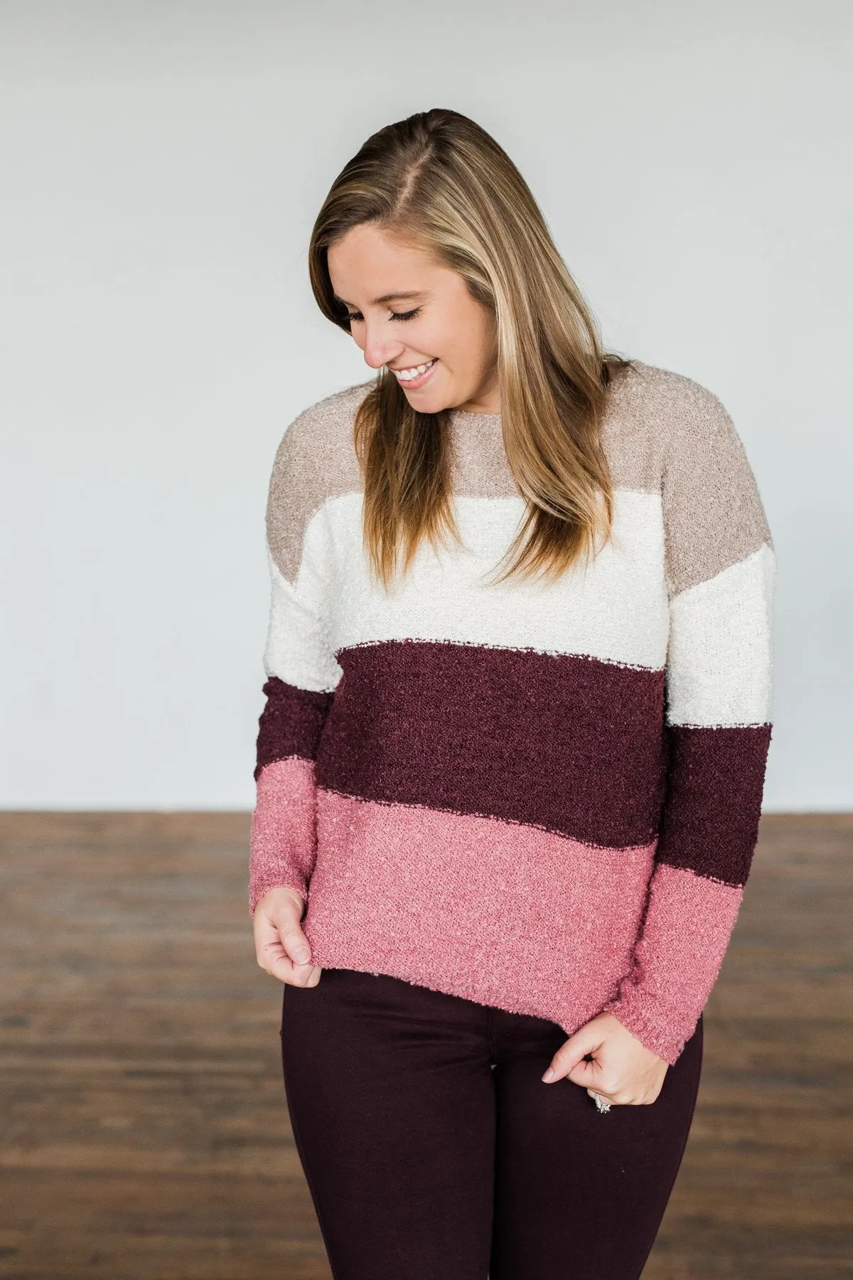 Dear To My Heart Color Block Sweater- Taupe, Ivory, Burgundy, Mauve