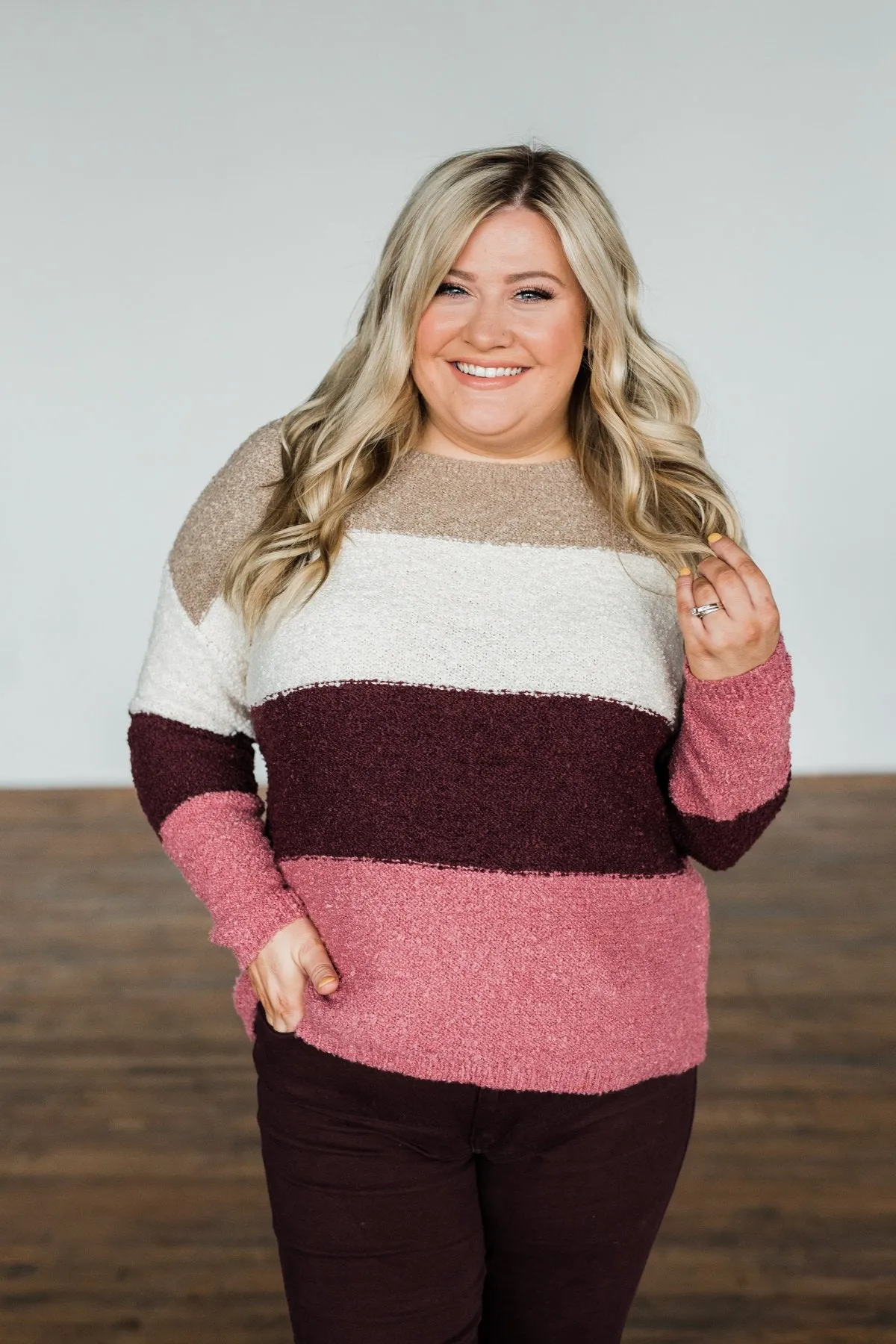 Dear To My Heart Color Block Sweater- Taupe, Ivory, Burgundy, Mauve
